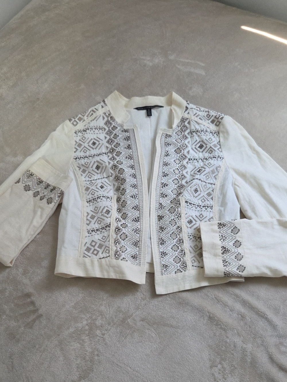 Cream Embroidered Open-Front Jacket with Geometric Trim